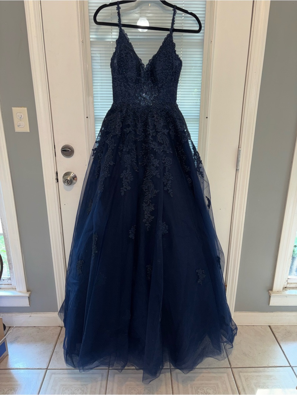 Sherri Hill Navy Lace Appliqué Prom Gown